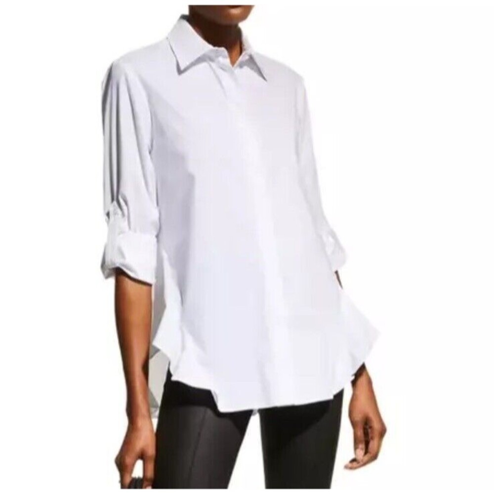 Finley Agatha White Button Down Blouse Poplin Side Flounce Roll Tab Sleeve Large